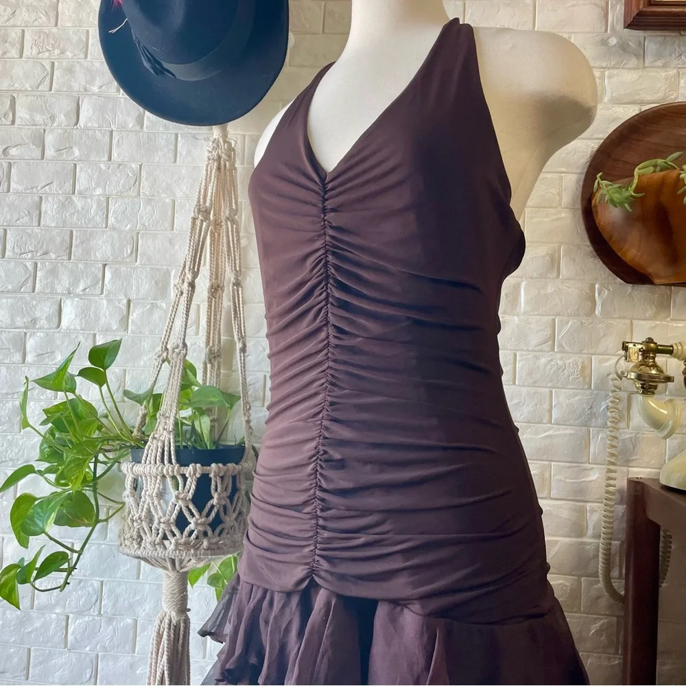 VTG Y2K BCBG MAXAZRIA Brown Ruched Halter Chiffon Ribbon Asymmetrical Dress - Picture 4 of 16